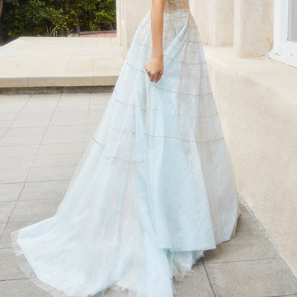 NEW CHAMPAGNE/BLUE PARTY EVENING OFF THE SHOULDER MODERN BEADED BALLGOWN AL0724 - Picture 10 of 13